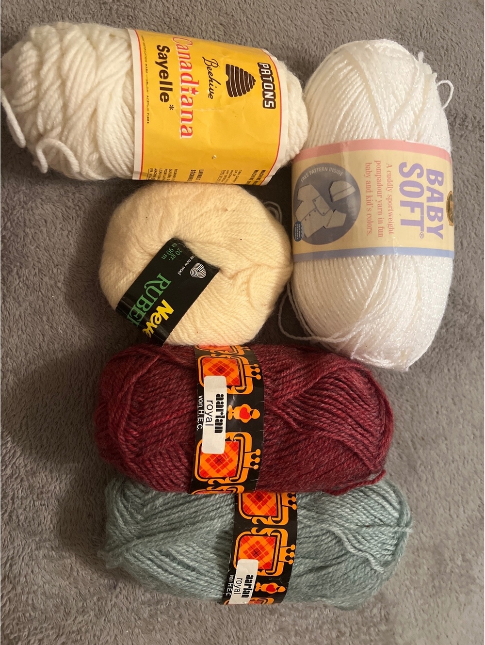Mixed Lot of 5 Skeins of Yarn Including Patons Canadiana Sayelle, Baby Soft, New